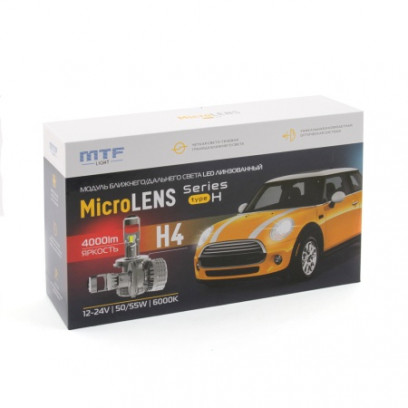 Светодиодные линзы MTF LIGHT серии MicroLENS H4/H19, 12/24V, 55W, 6000K, 4000LM, к-т.2шт