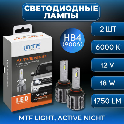 Светодиодные лампы MTF Light серия ACTIVE NIGHT, HB4, 18W, 1750lm, 6000K, комплект.